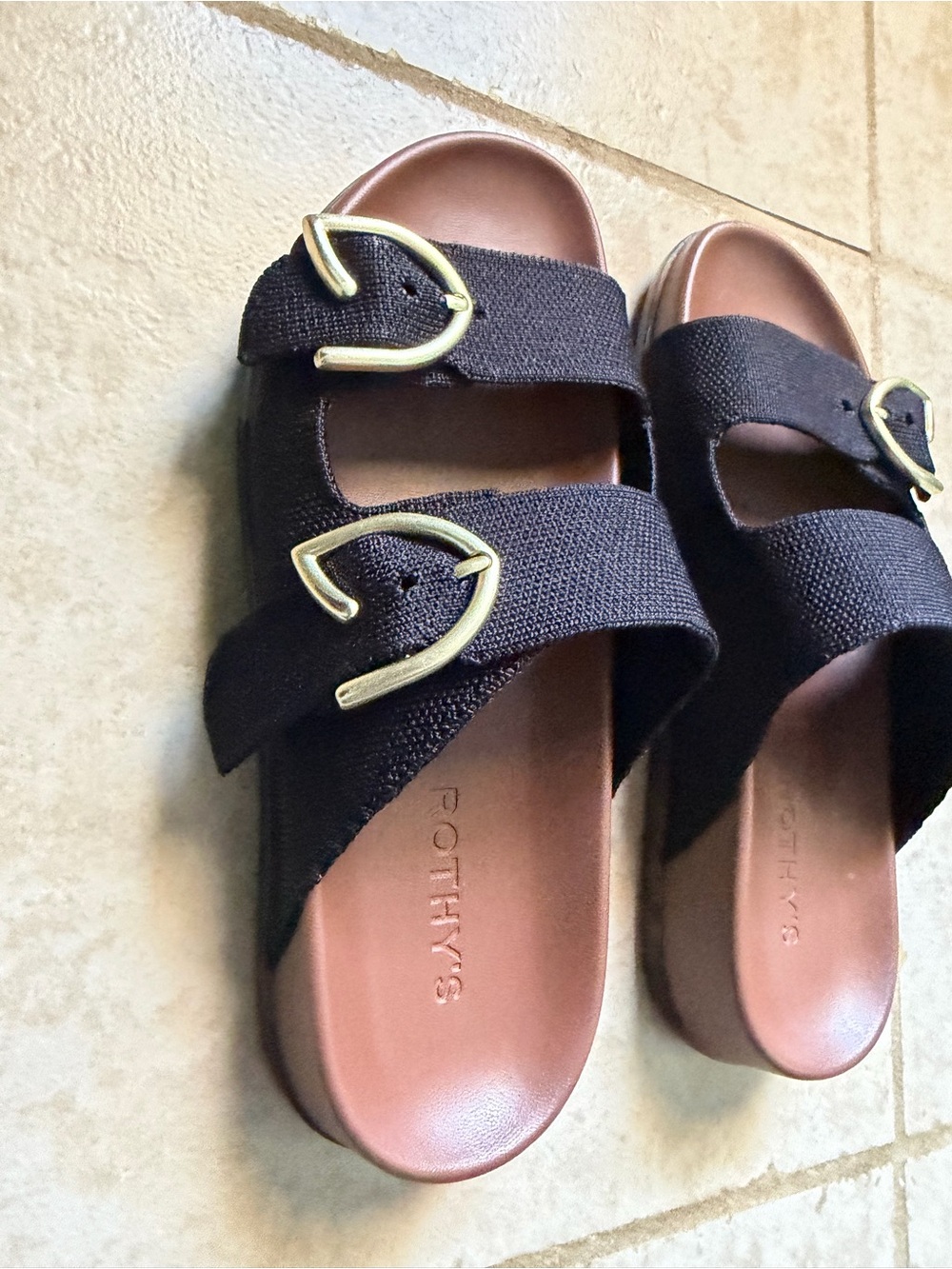 Rothy's Black Slide Sandals with Gold Buckles - Picture 4 of 5